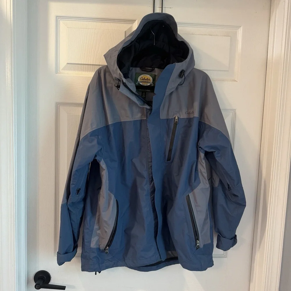 Cabela's Dry Plus Hooded Jacket Men's Sz L‎ Waterproof Breathable Blue Gray